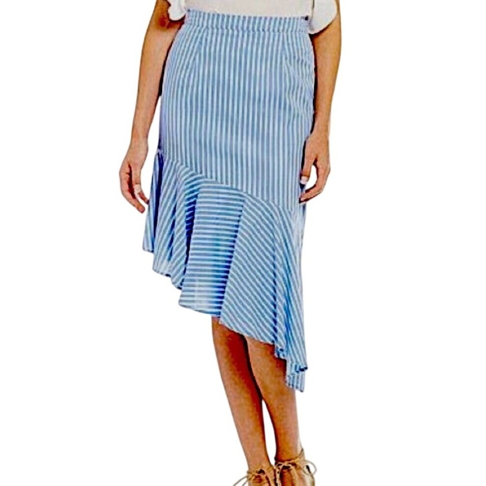 Gianni Bini Skirt‎ Womens M Midi Asymmetric Ruffle Hem Striped Blue Nautical